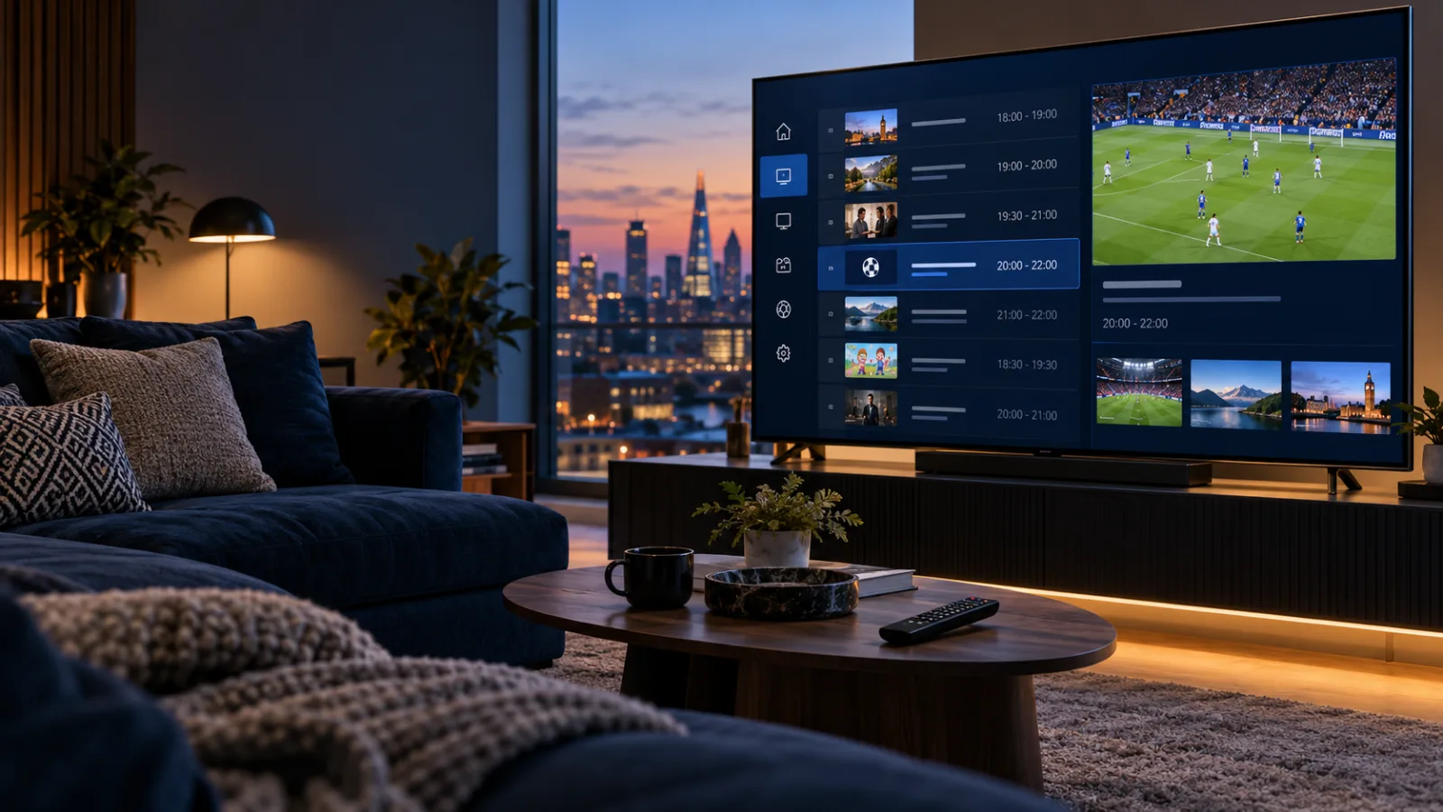 Illustrative IPTV player and TV guide on a living-room television